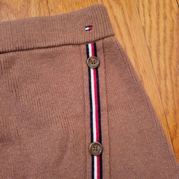 Tommy Hilfiger Brown Knit Skirt Buttons Striped Trim L Front Slit - Picture 3 of 8